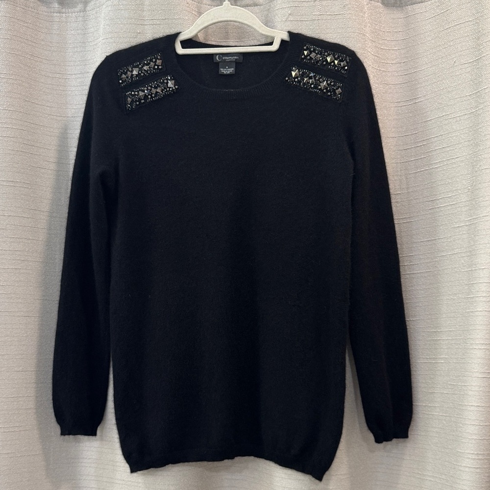 Bloomingdale's 100% Cashmere Black Sweater Studded Shoulder Accents Size M